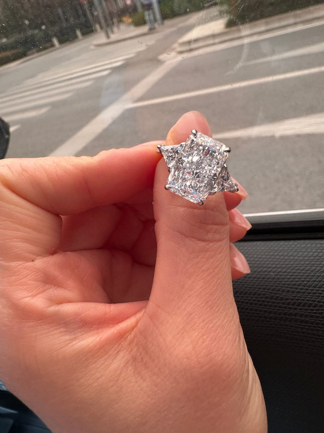 Customer photo review of S925 5.0 Carat Radiant Cut White/Pink Three Stone Engagement Ring With Hidden Halo For Everyday Wear