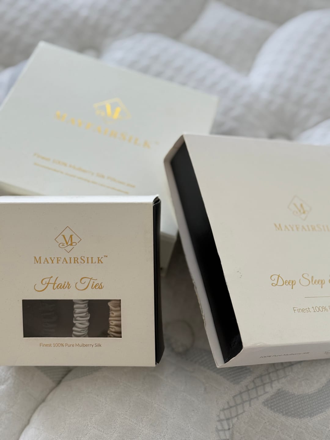 Customer photo review of Champagne / Oyster Grey / Charcoal Silk Hair Ties Set