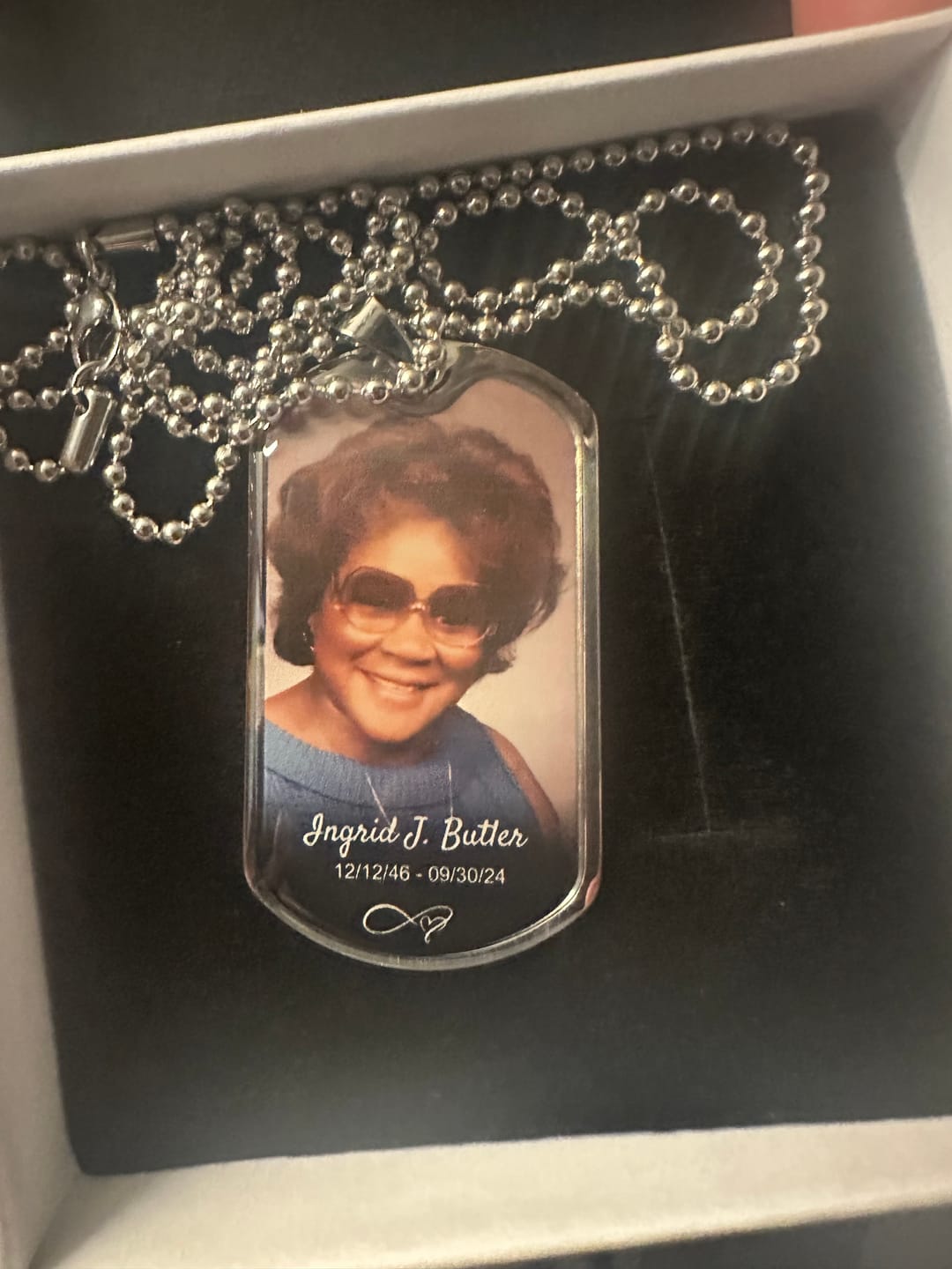 Customer photo review of Custom Name Photo Dog Tag Memorial Necklace