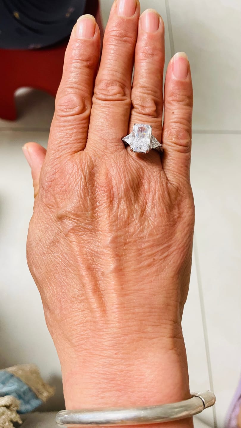 Customer photo review of S925 5.0 Carat Radiant Cut White/Pink Three Stone Engagement Ring With Hidden Halo For Everyday Wear