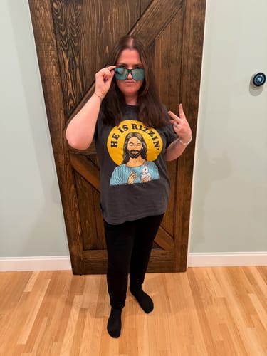 Customer photo review of He Is Rizzin' Tee