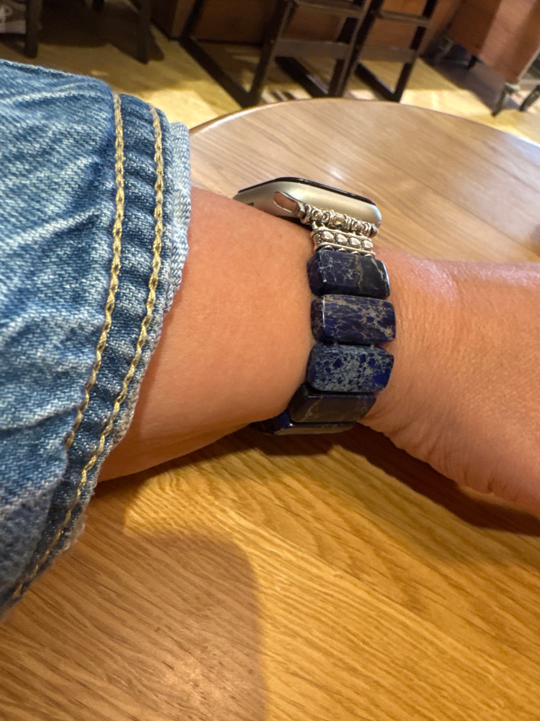 Customer photo review of Dark Navy Tibetan Jasper Stretch Apple Watch Strap