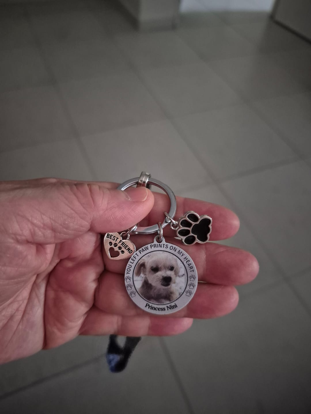 Customer photo review of Custom Personalized Photo Keychain Pet Charm Key Ornaments - Memorial Gift for Dog/Cat Lovers - You left paw prints on my heart