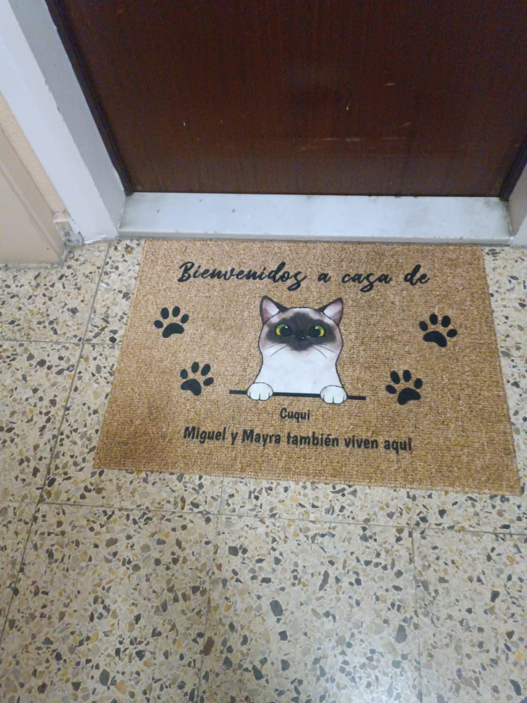 Customer photo review of Bienvenidos a lo de gatos curiosos - Felpudo personalizado