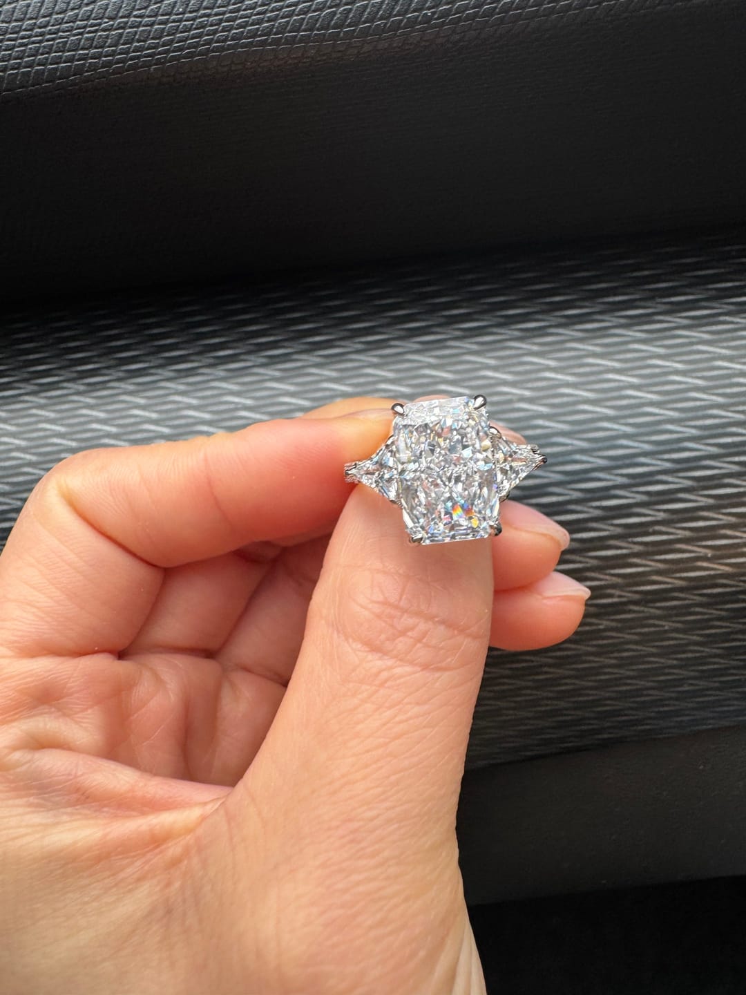 Customer photo review of S925 5.0 Carat Radiant Cut White/Pink Three Stone Engagement Ring With Hidden Halo For Everyday Wear
