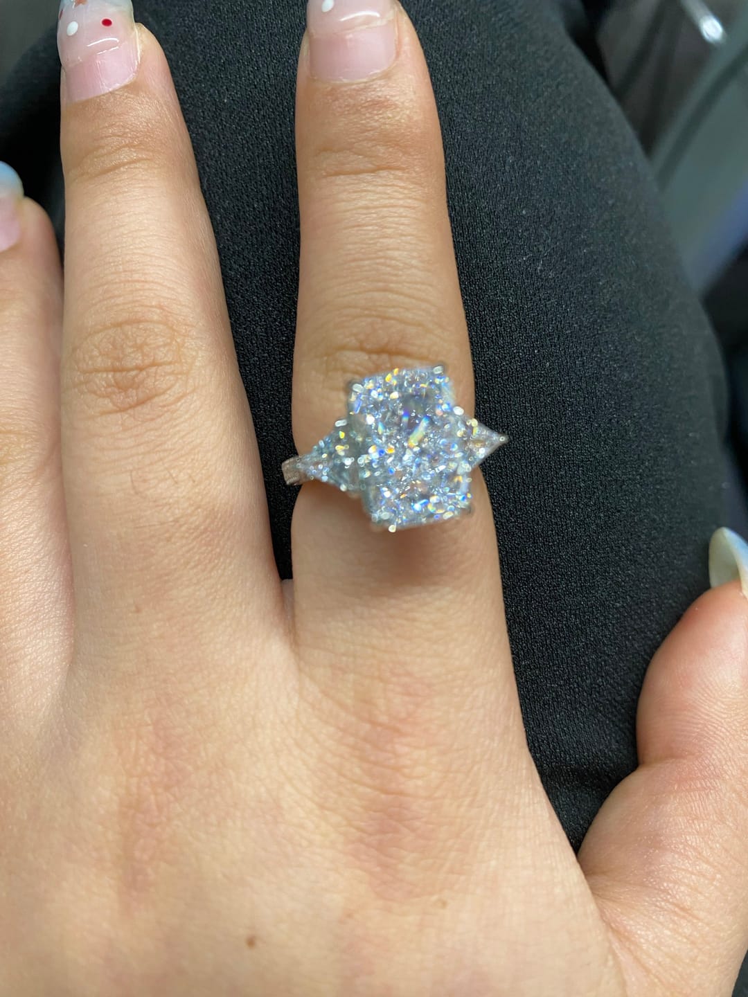 Customer photo review of S925 5.0 Carat Radiant Cut White/Pink Three Stone Engagement Ring With Hidden Halo For Everyday Wear
