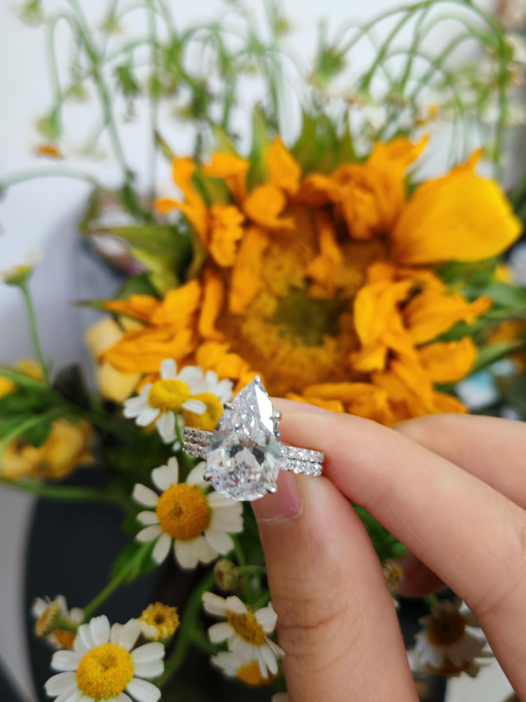 Customer photo review of S925 4.5Ct Pear Cut Wedding Ring & Open Wedding Band Bridal Rings Travel Rings For Her