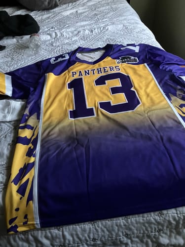 Customer photo review of Custom Gold Purple Gradient Personalized Side Pattern Authentic Football Jersey
