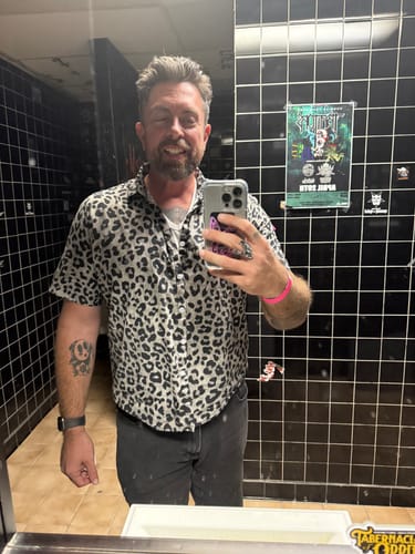 Customer photo review of Men's Cotton Casual White Leopard Animal Print Cheetah Rock Short Sleeve Shirt