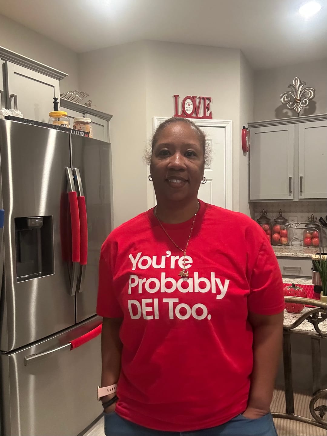 Customer photo review of You're Probably DEI Too Unisex Tee (Front and Back Design Print)
