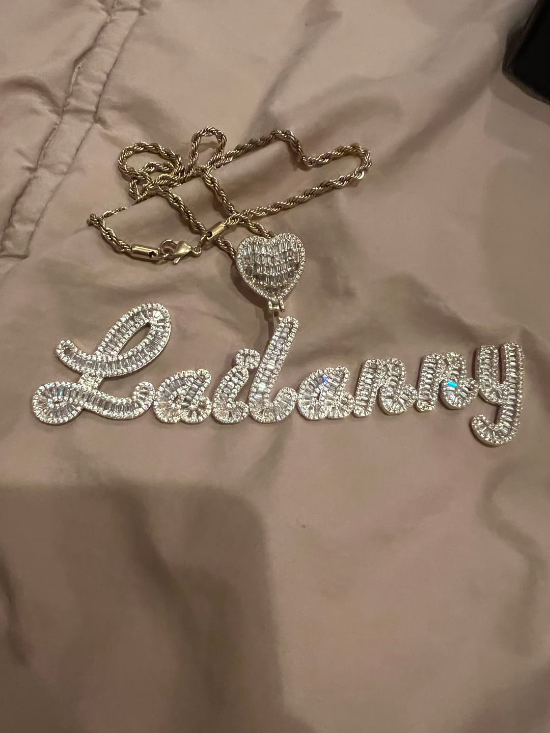 Customer photo review of ICED HEART CUSTOM CURSIVE NAME BAGUETTE NECKLACE