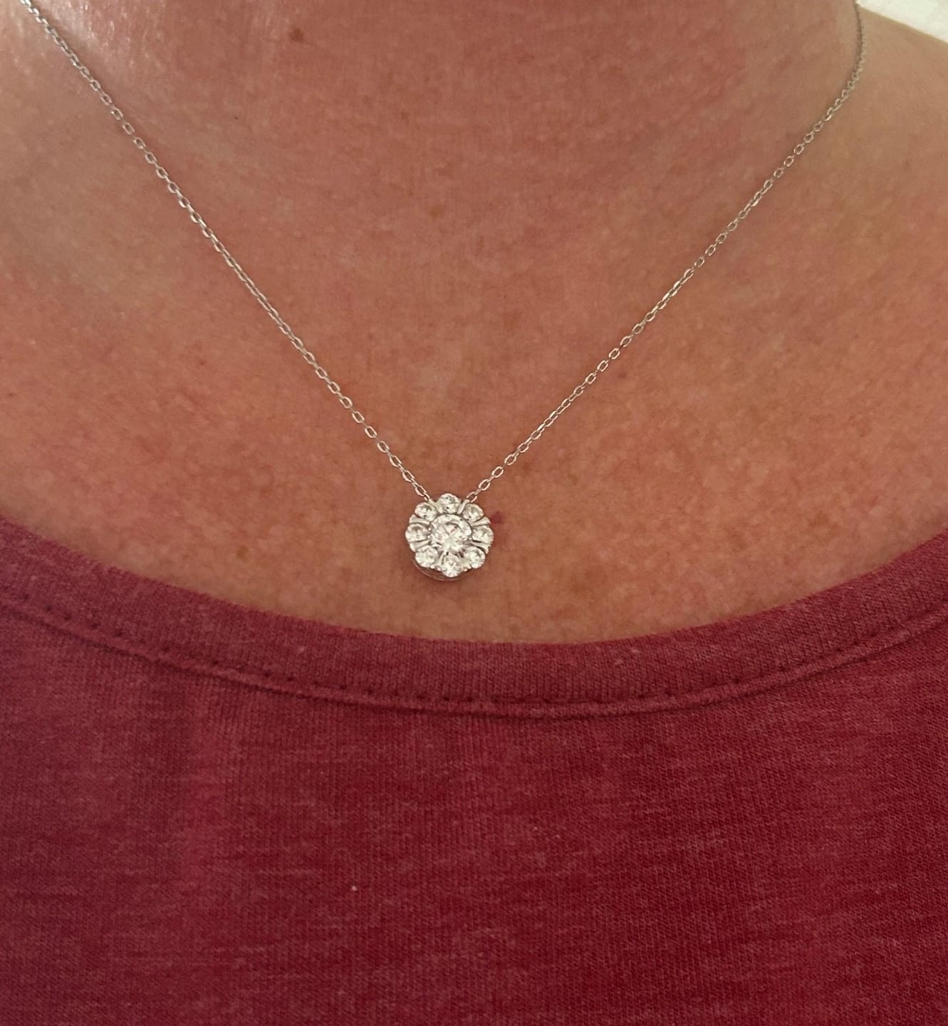 Customer photo review of Invisible Set Cluster Pendant Chain Necklace, Platinum Plated Sterling Silver