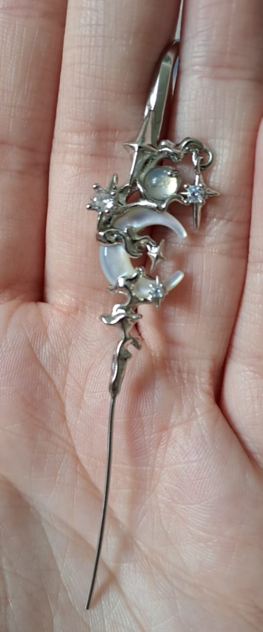 Customer photo review of "MYTH OF THE MOON" 925 Sterling Silver Statement Celestial Moon Dangle Needle Piercing Earring