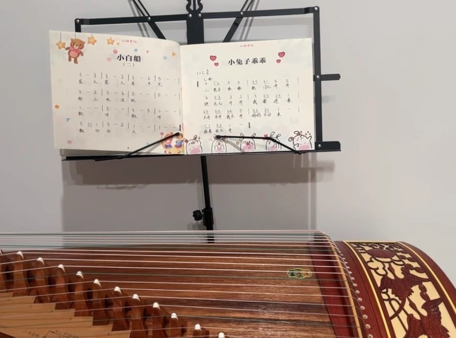 Customer photo review of Dunhuang Guzheng 694DQ "Double Cranes Facing the Sun" – 163cm Zither with Mother-of-Pearl Inlay, Bright and Transparent Tone