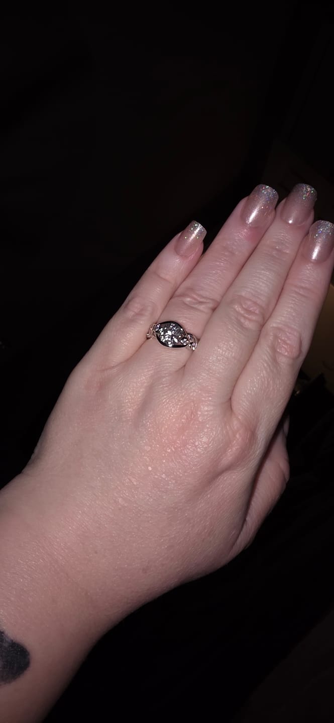 Customer photo review of Bezel Set Round Moissanite Scroll Accents Engagement Ring