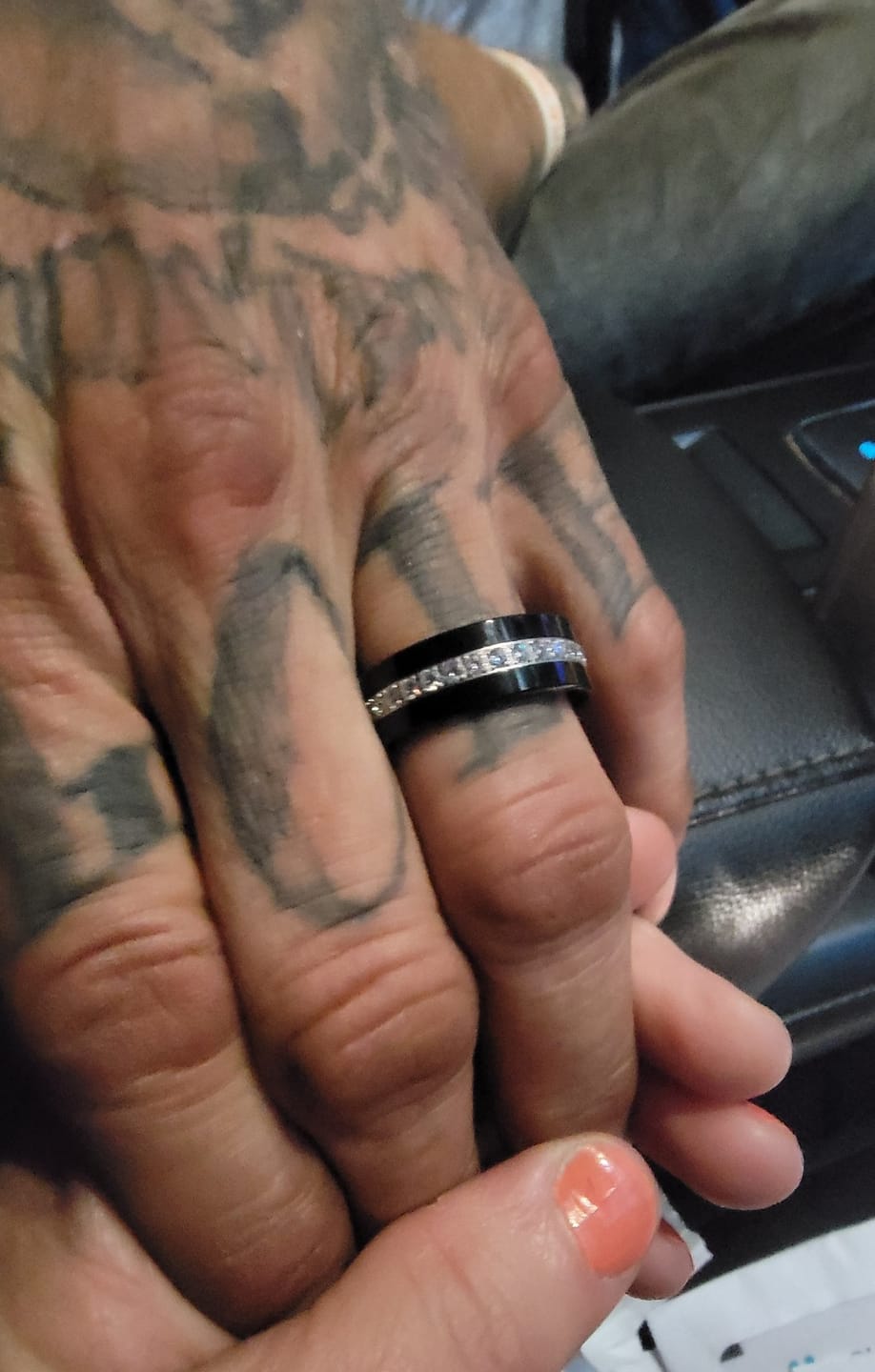 Customer photo review of 8mm Black Tungsten Carbide Wedding Ring with Cubic Zircon Diamonds