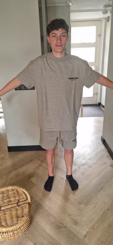 Customer photo review of Fear of God Essentials Dark Oatmeal Summer set