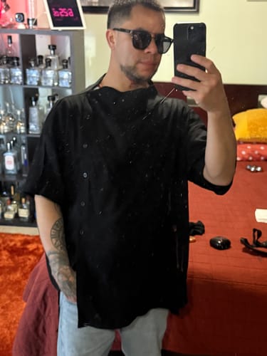 Customer photo review of Loose Stand-up Collar Shirt