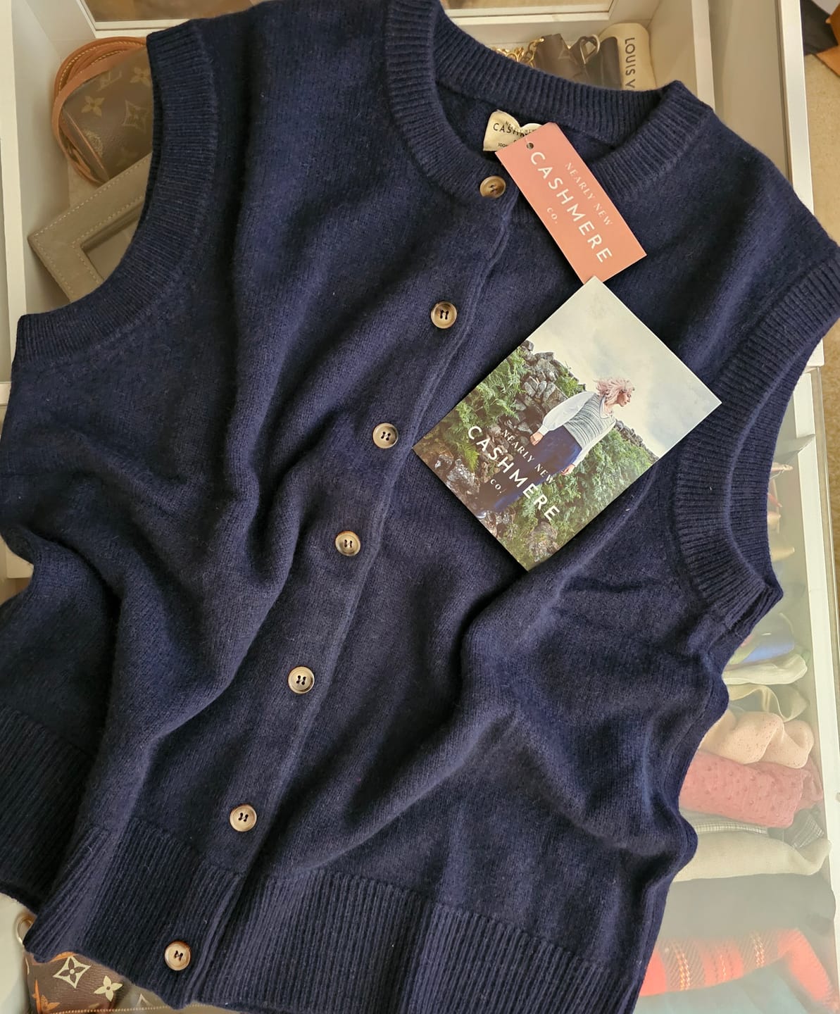 Customer photo review of Brand New Navy Luxury Cashmere Crew Neck Waistcoat Extra Large UK 20-22
