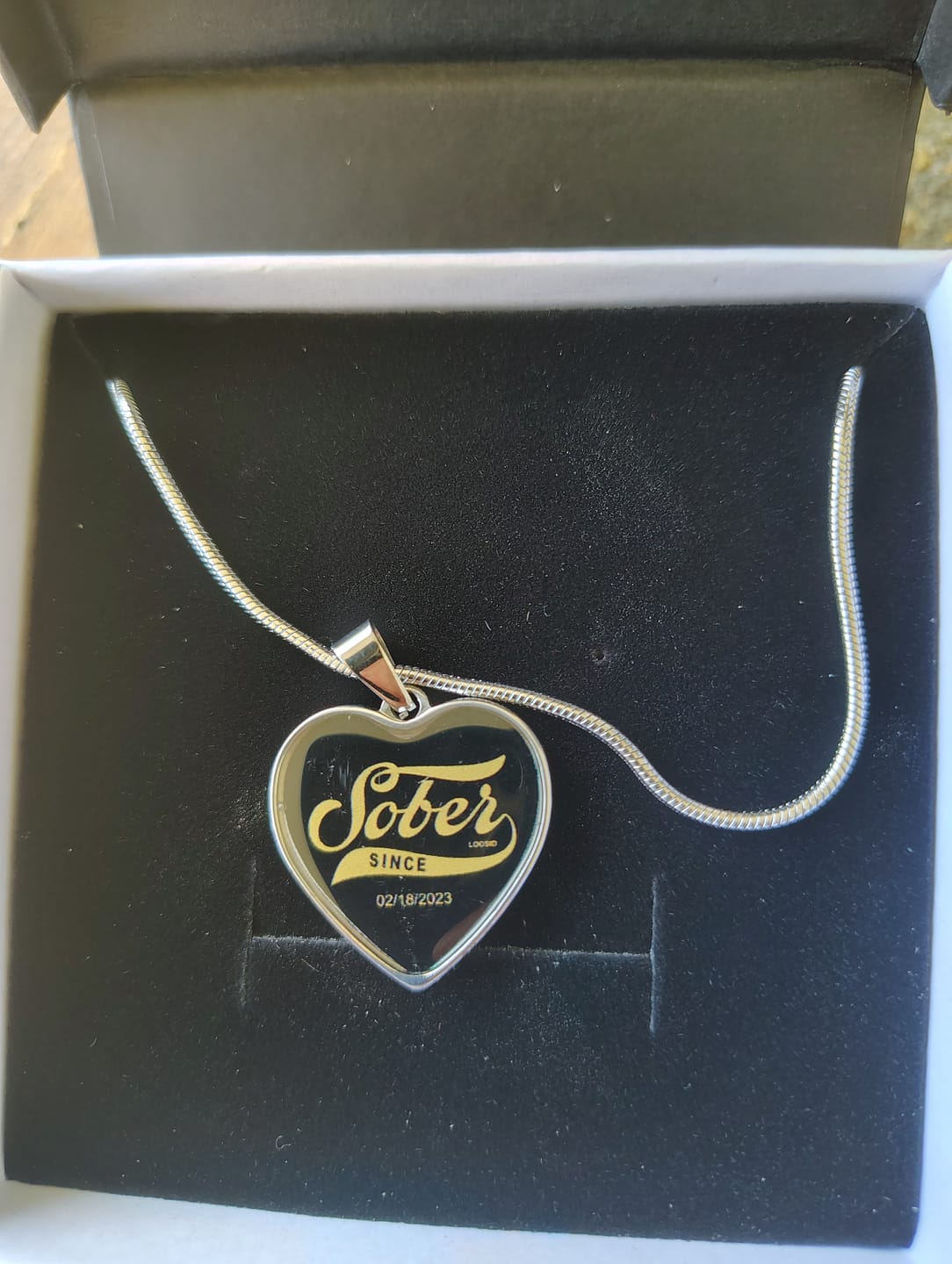 Customer photo review of Sober Since Heart Necklace  w/ Personalized Sobriety Date