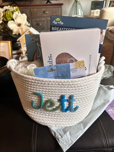 Customer photo review of Baby Knits™  Multicolor Personalized Knitted Basket
