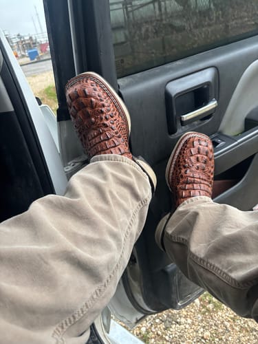 Customer photo review of Cognac Caiman Neck Leather Work Boots - Composite Toe