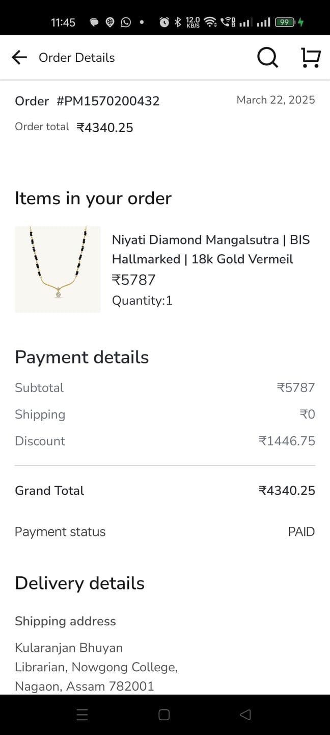 Customer photo review of Niyati Diamond Mangalsutra | BIS Hallmarked | 18k Gold Vermeil