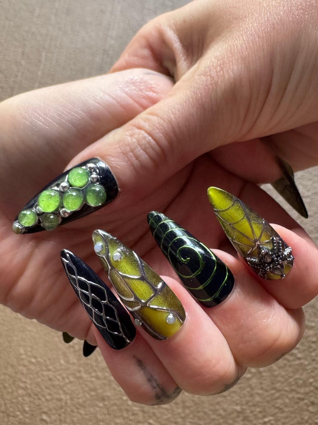 Customer photo review of Green Press On Nails, Y2K Trending Spider Web Summer Dark Green Nails | DarkNailz