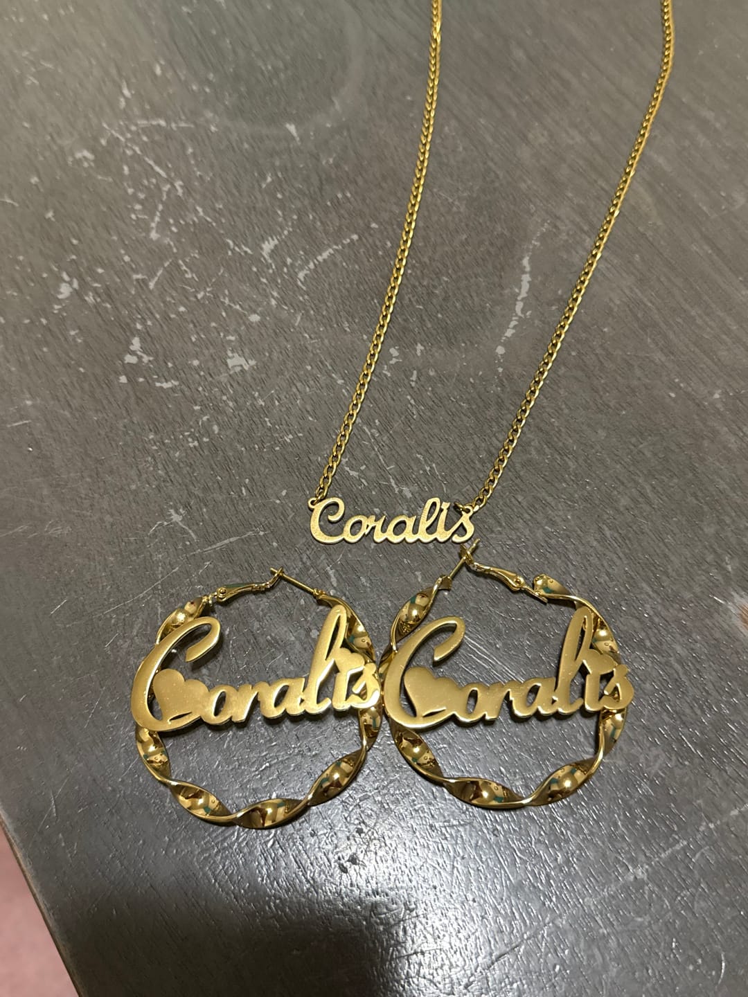 Customer photo review of Name Twirl Hoop Earrings