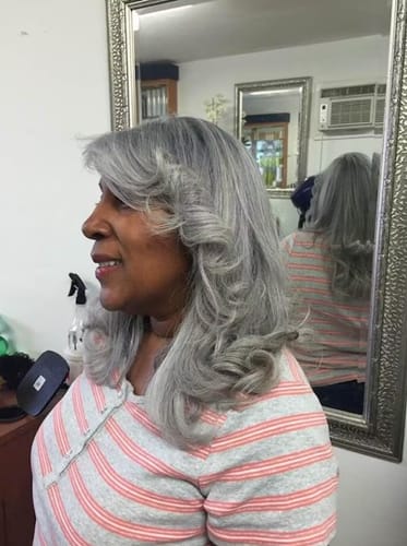 Customer photo review of Luvwin Salt & Pepper Gray Beginner Friendly Glueless Layered Cut Wave Wig 100% Human Hair