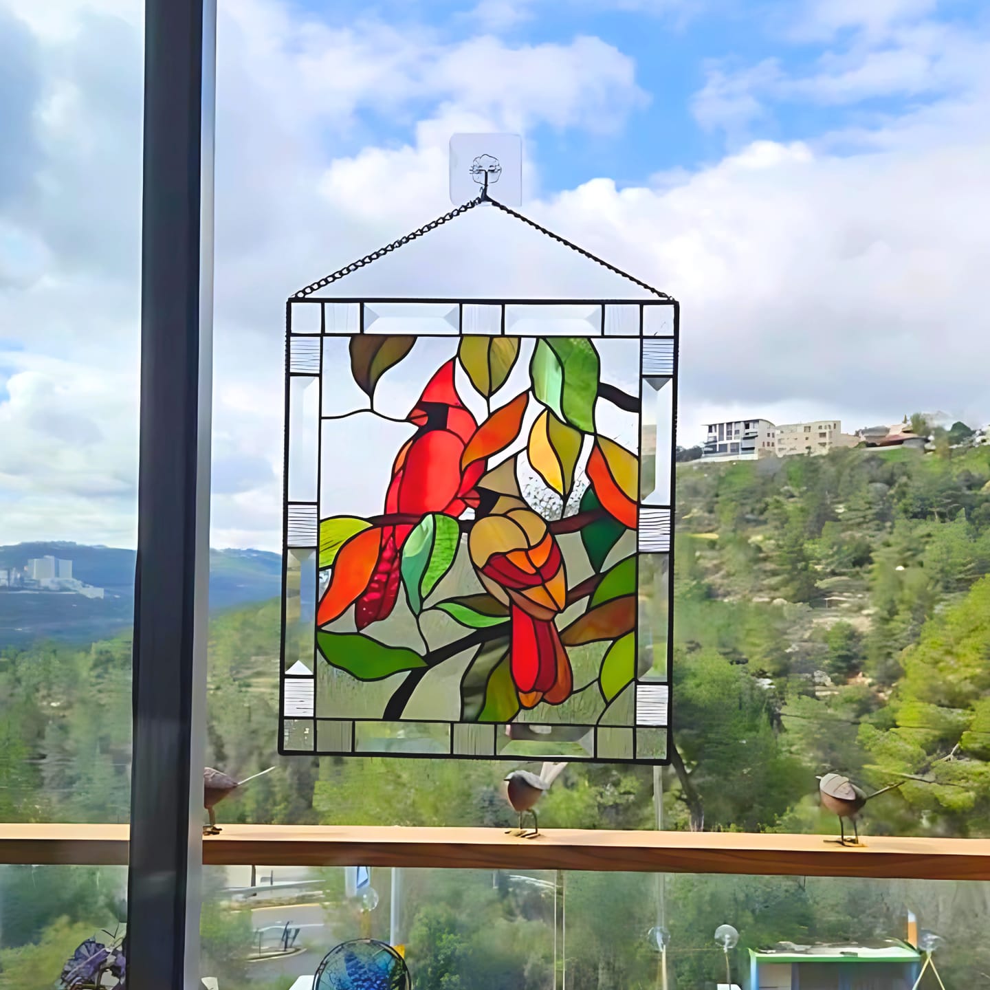 Customer photo review of Stained Glass Panel Couple of Cardinals