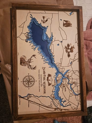 Customer photo review of Island Park Reservoir Topo Map Sign | Laser Engraved & Framed Wall Art