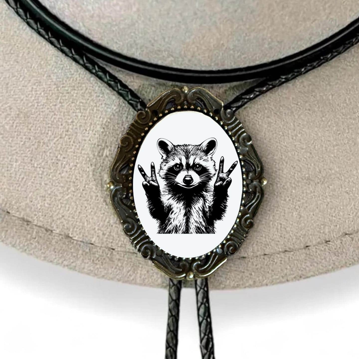 Customer photo review of Raccoon Bolo Tie- Peace Sign Western Cowboy String Tie