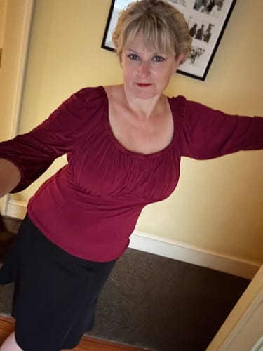 Customer photo review of PRE-ORDER - Vacation Blouse in Dark Rose Red - Vixen by Micheline Pitt