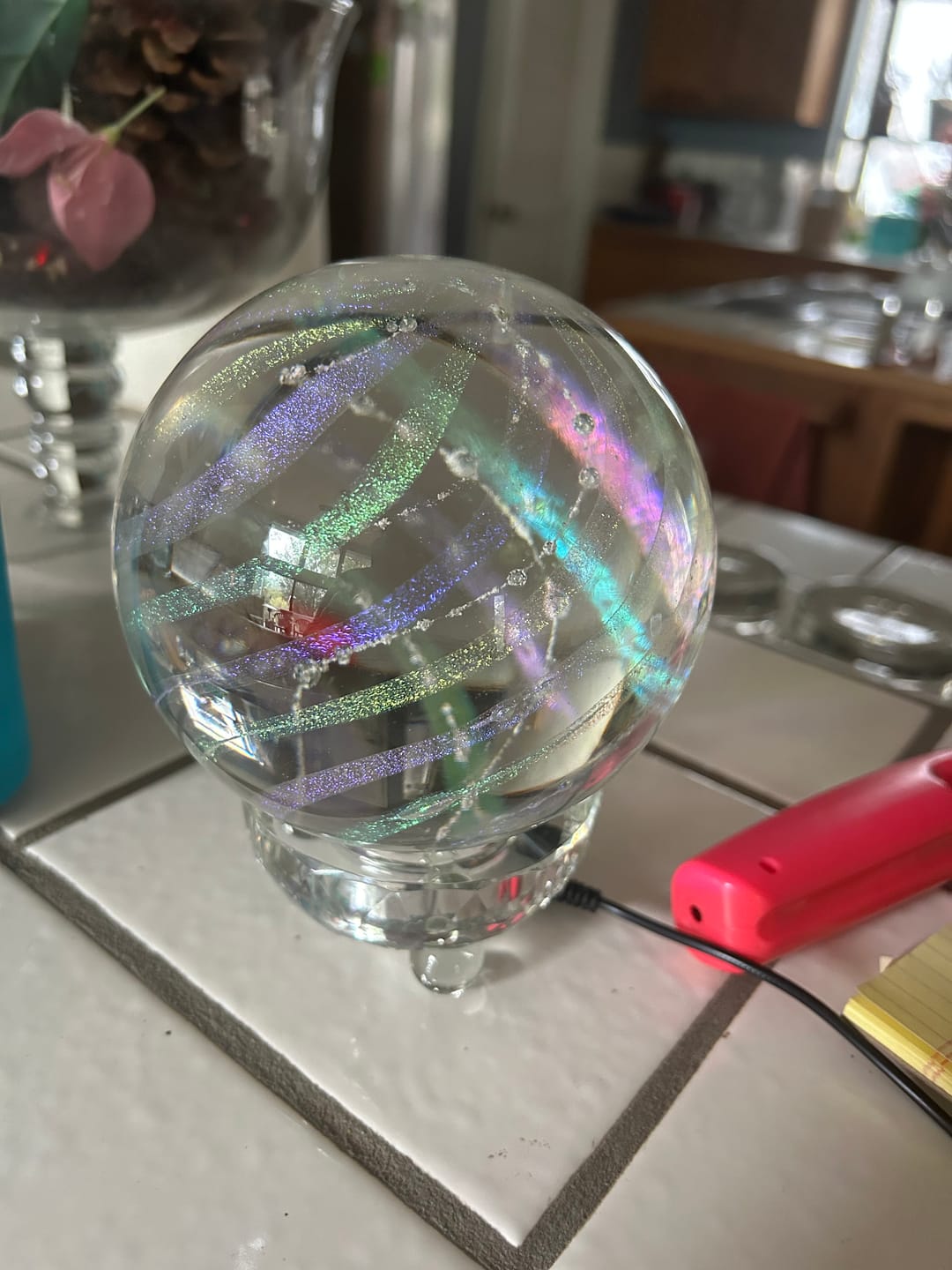 Customer photo review of Illuminated Dichroic Rainbow Orb with Cremains