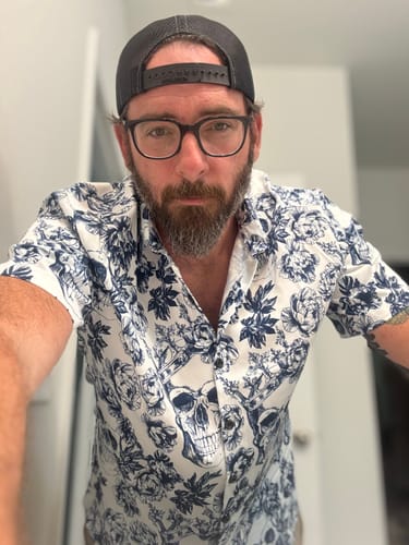 Customer photo review of Men's Punk Rock Crown Floral Skull Print Short Sleeve Shirt