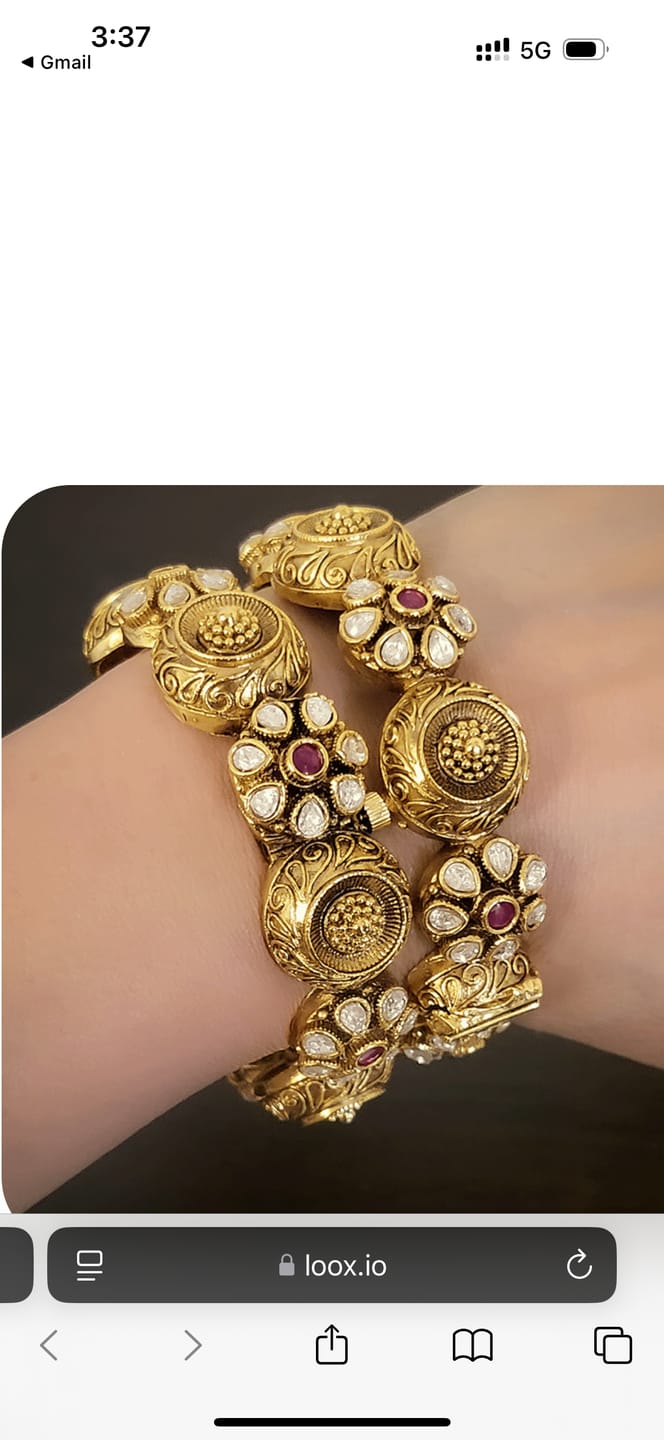 Customer photo review of Set of two openable antique gold finish kundan flower design and circular self design kadas