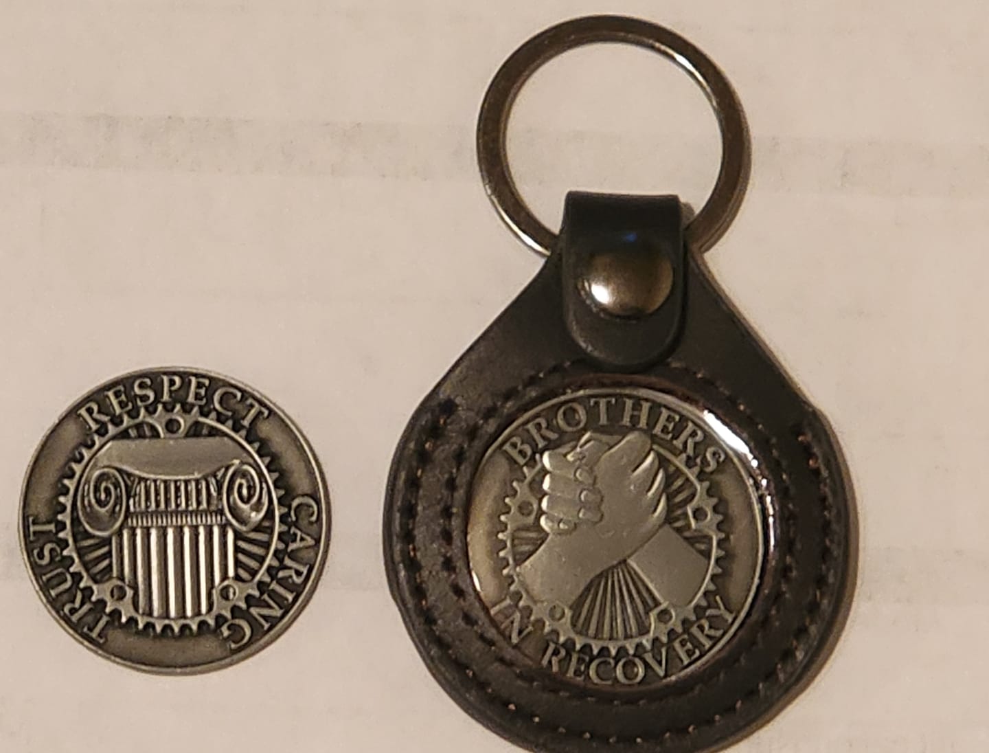 Customer photo review of Sobriety Mint Genuine Leather 34mm AA Medallion Keychain Holder - Recovery Chip/Coin/Token Holder - Dark Brown