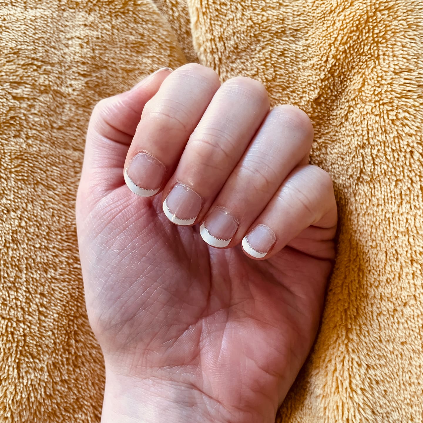 Customer photo review of White French Tip Glitter DIY Semicured Gel Nail Sticker Kit