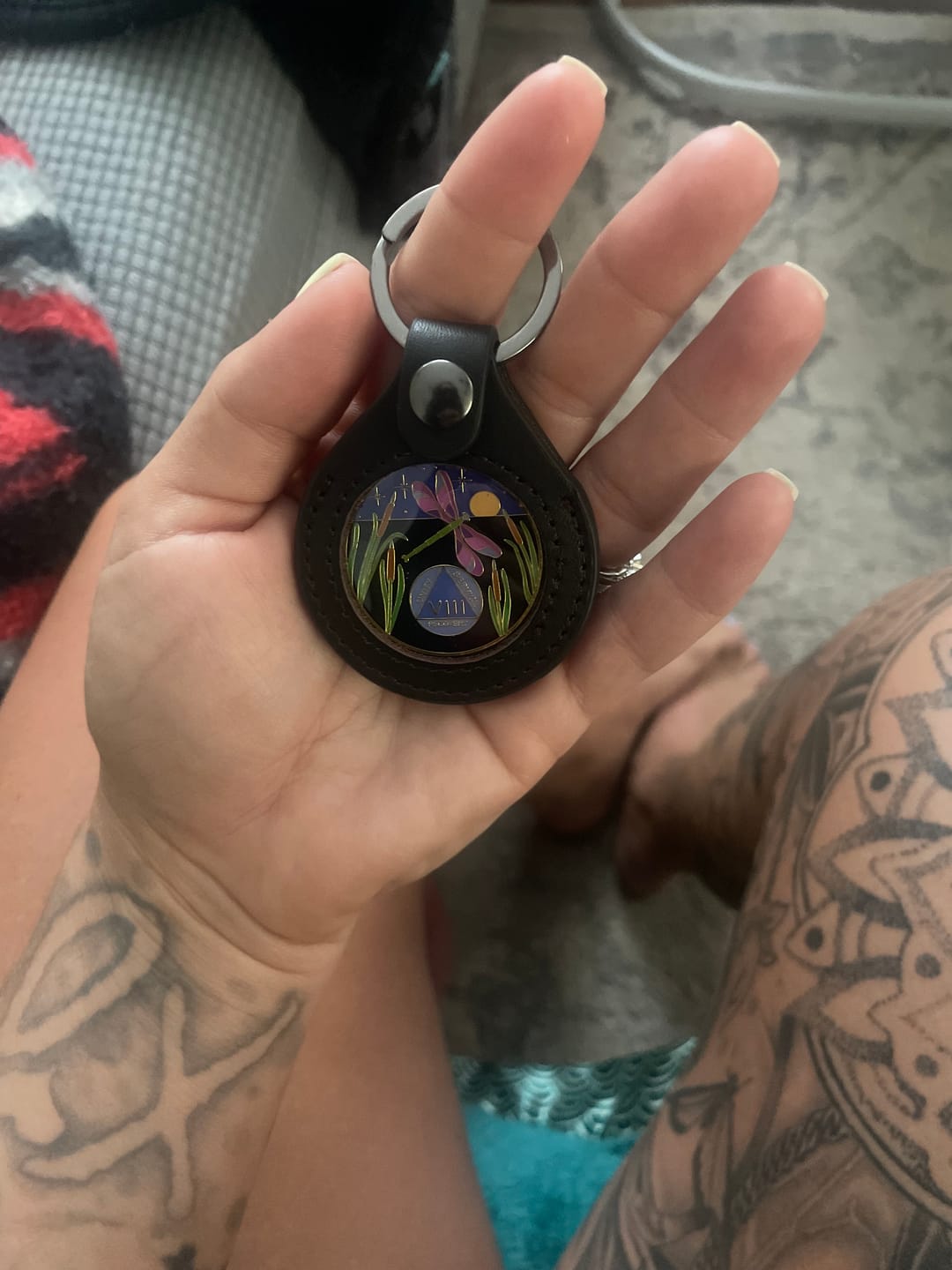 Customer photo review of Sobriety Mint Genuine Leather 40mm AA Medallion Keychain Holder - Recovery Chip/Coin/Token Holder - Black