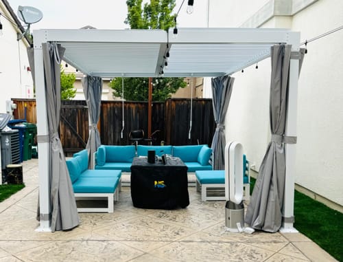 Customer photo review of HOMREST Louvered Pergola 10x12 Outdoor Hard Top Pergola with Aluminum Frame and Adjustable Metal Rainproof Roof for Garden & Patio, Curtains and Netting Included, White