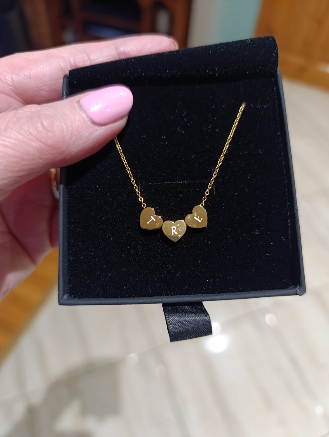 Customer photo review of Amo Heart Triple Bead Necklace in Gold