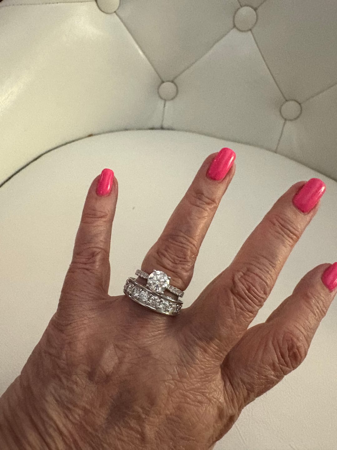 Customer photo review of Triple Channel Set Moissanite Half Eternity Wedding Band