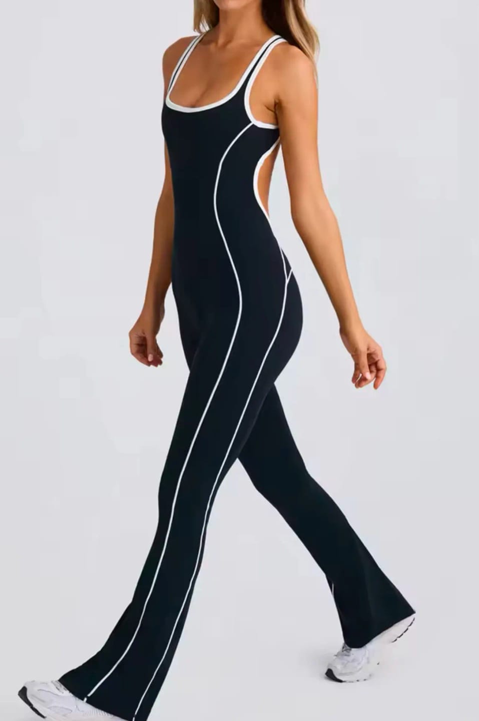 Customer photo review of Nylon Backless Jumpsuit Long Sleeve Bodycon V Back Scrunch Butt Sculpted Silhouette — Black | KIMLUD