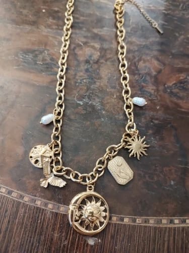 Customer photo review of Gold-Tone Stainless Steel Necklace Pearl Sun Moon Round Pendant — Gold | KIMLUD