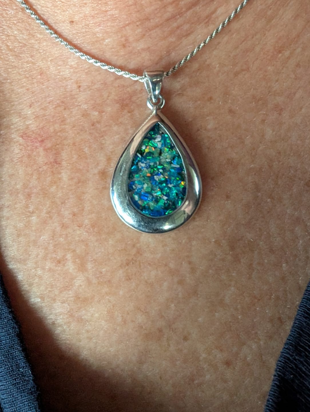 Customer photo review of Pear Drop Opal Cremation Pendant - Engravable