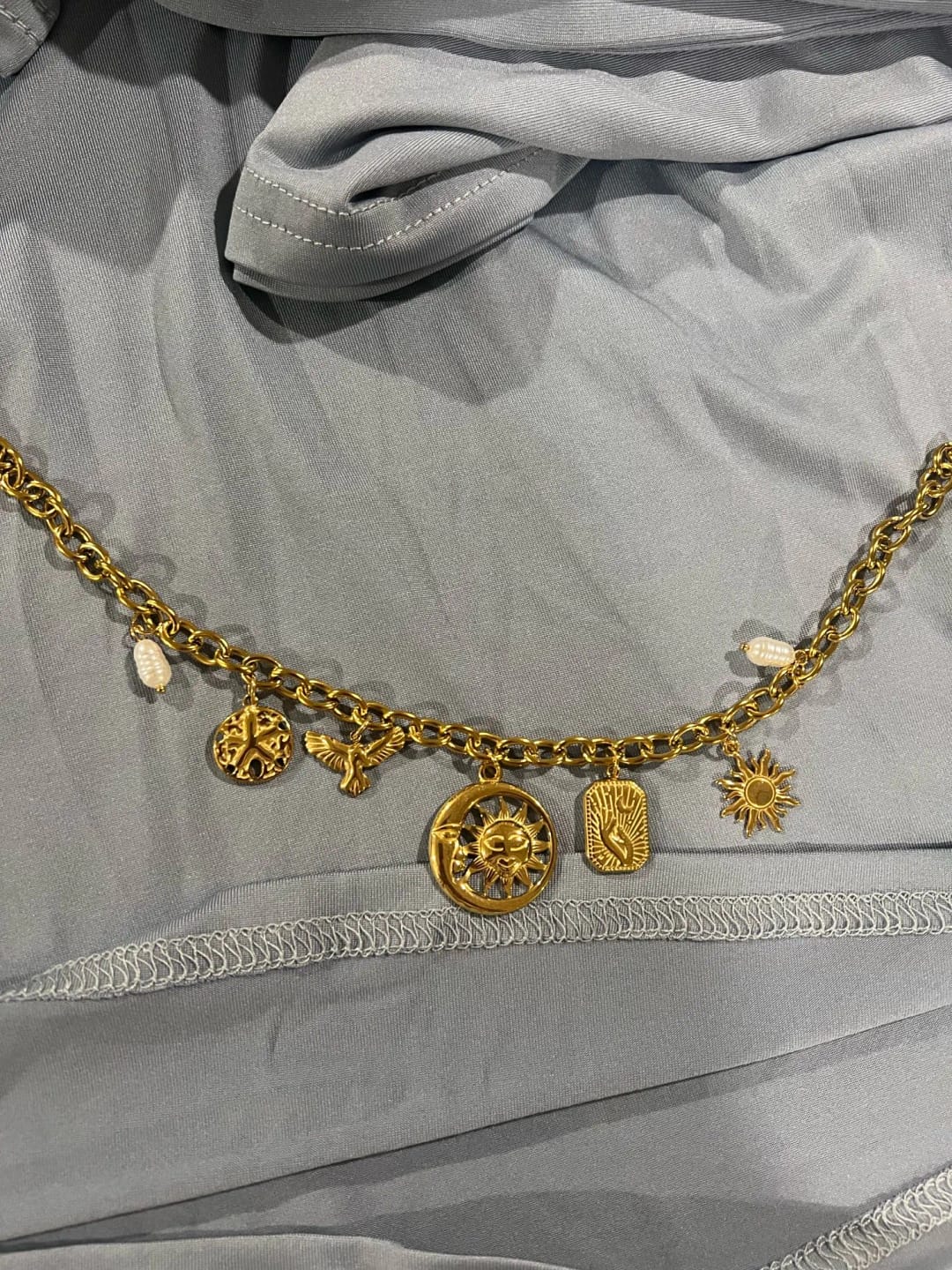 Customer photo review of Gold-Tone Stainless Steel Necklace Pearl Sun Moon Round Pendant — Gold | KIMLUD