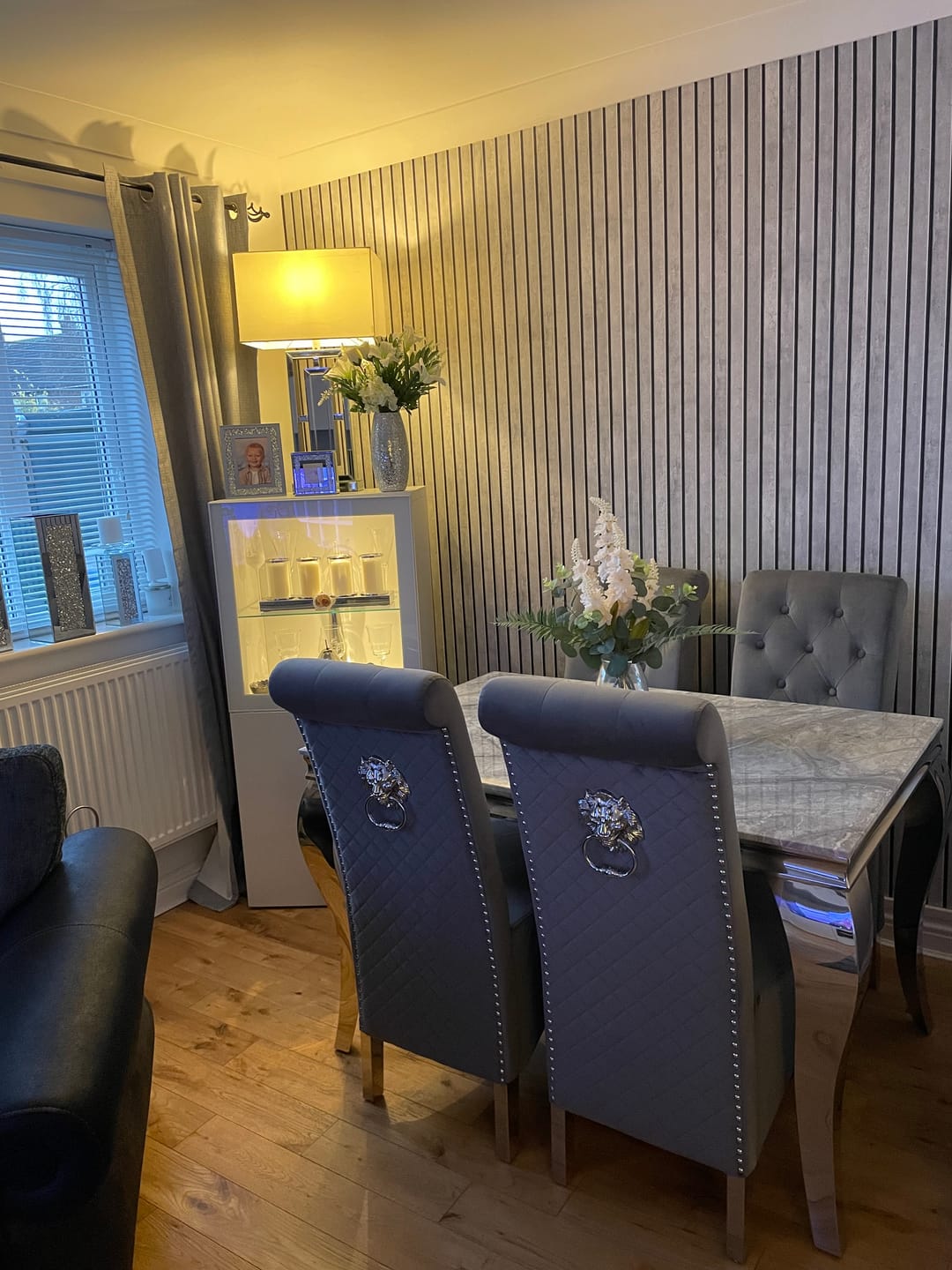 Customer photo review of Vienna Marble Top Dining Set With Lucy Lion Knocker Velvet Chairs