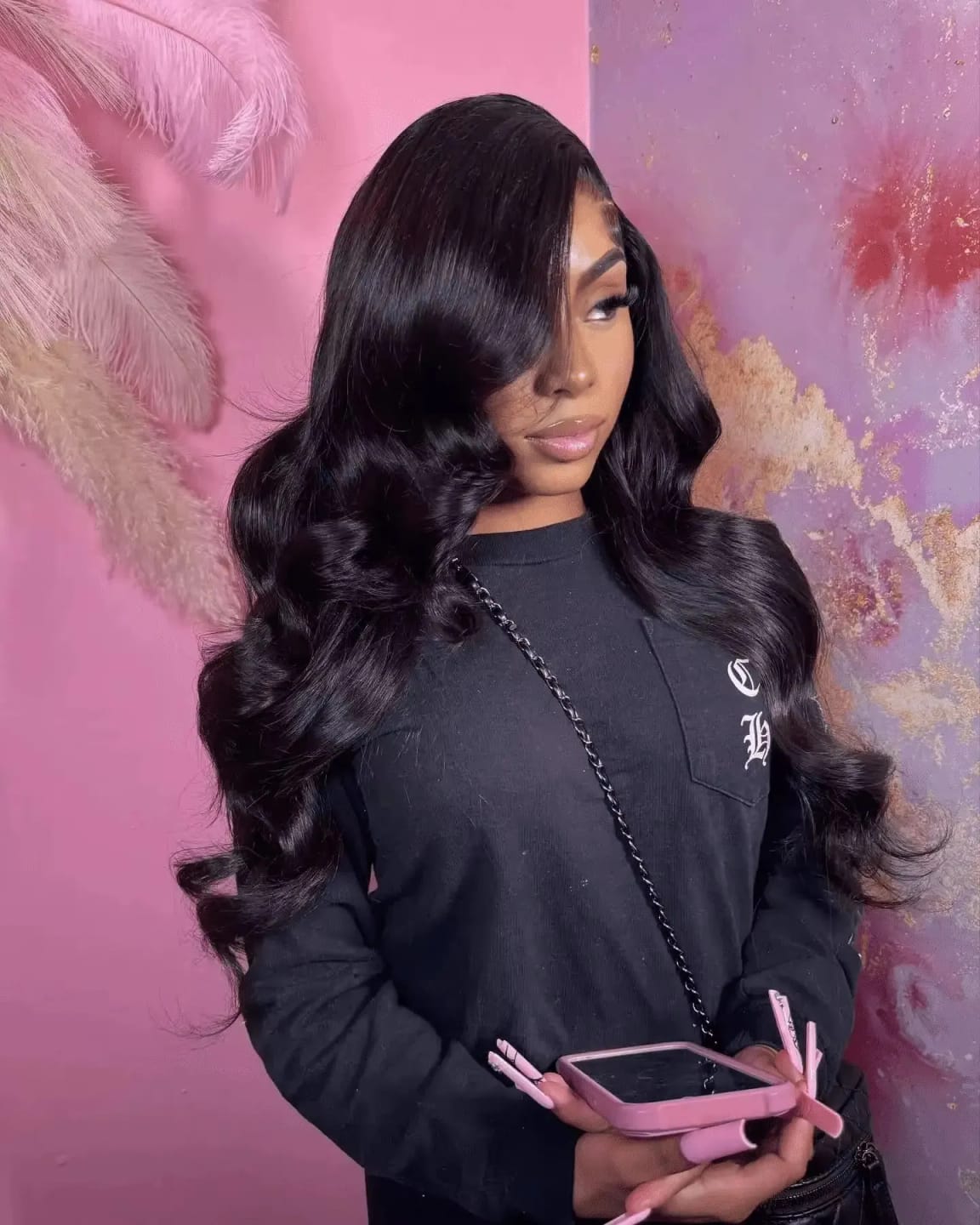 Customer photo review of Remy Human Hair Lace Front Wig Body Wave 30–40 Inch — Jet Black | KIMLUD