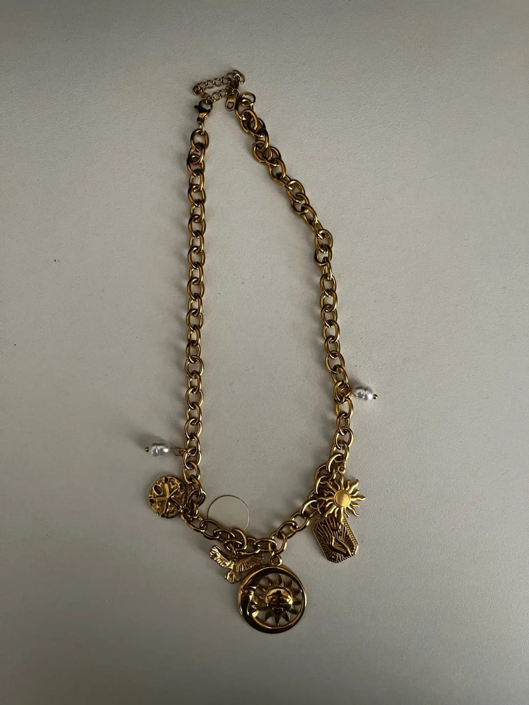 Customer photo review of Gold-Tone Stainless Steel Necklace Pearl Sun Moon Round Pendant — Gold | KIMLUD